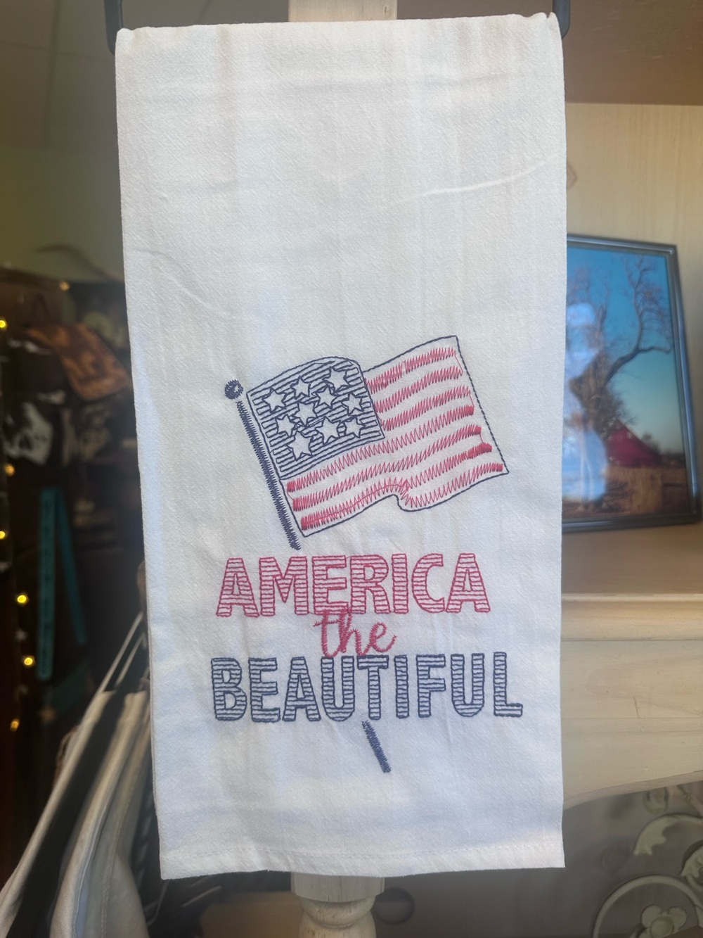 Patriotic 'America the Beautiful' Embroidered Kitchen Towel - Red & Blue